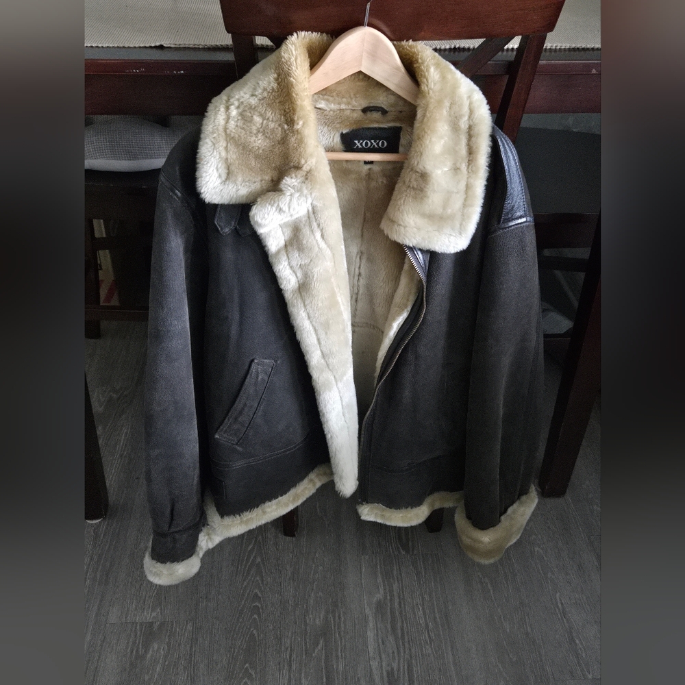 XOXO Black Leather  and Tan Shearling Coat EUC